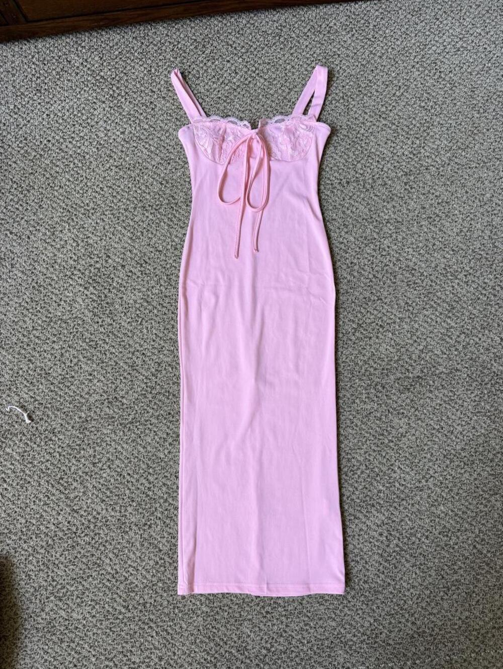Pink lace maxi dress with bow detail